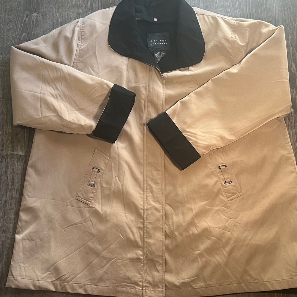 Tally Ho Beige Trench Coat with Black Accents with detachable liner and hood.